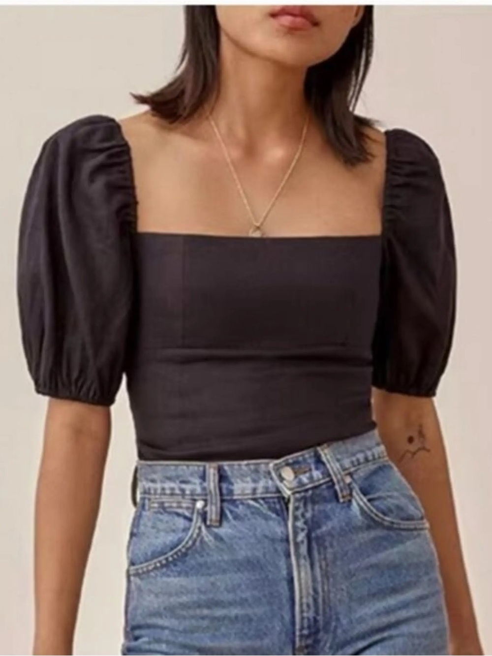 Reformation Black Square-Neck Puff Sleeve Crop Top